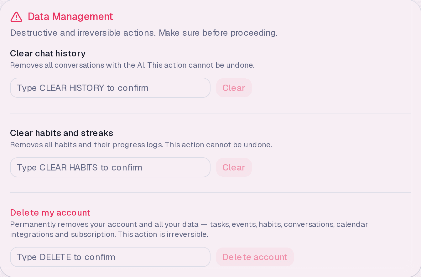 The Delete my account block, with the typed confirmation field.