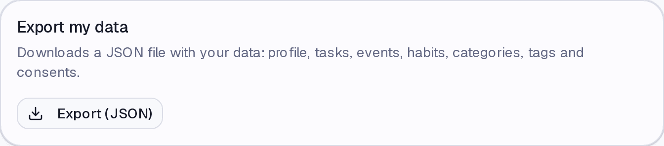 The Export my data block in Settings, with the Export (JSON) button.