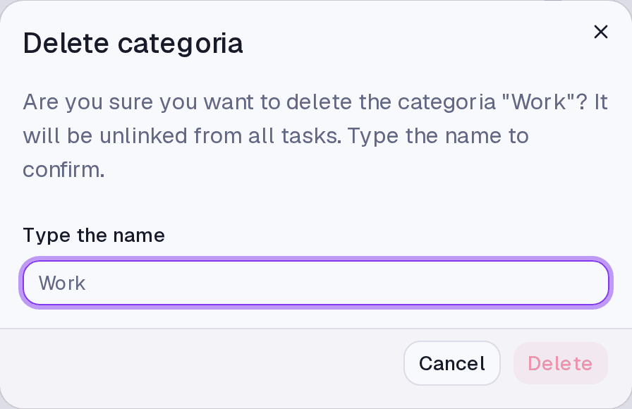 The category delete confirmation, asking for the name to be typed.