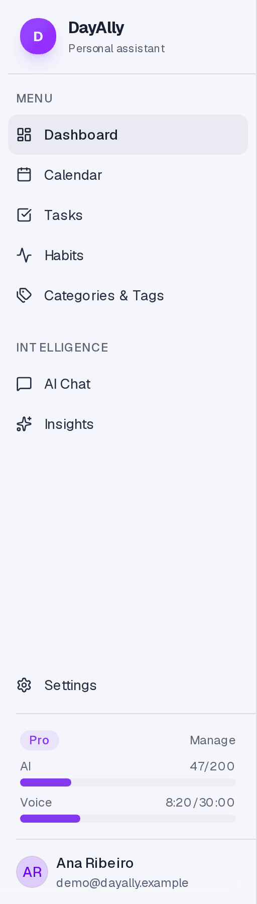 The DayAlly sidebar with Dashboard, Calendar, Tasks, Habits, Categories, AI Chat, Insights and Settings.