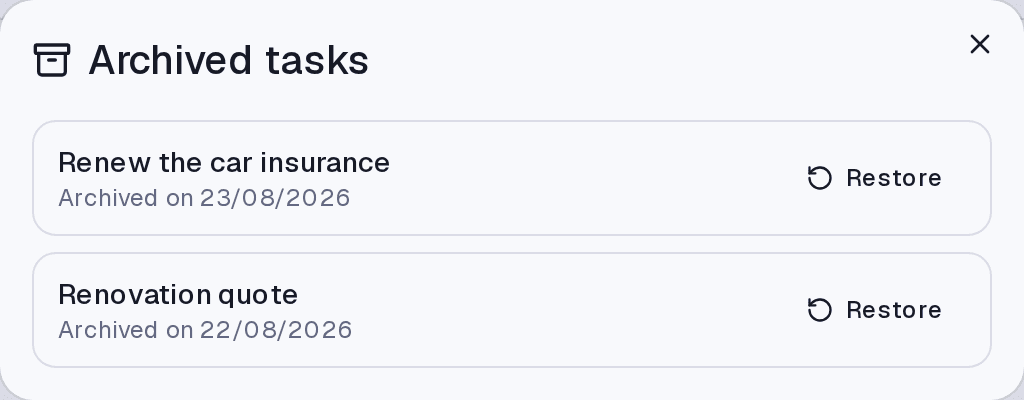 The archived tasks dialog, with the archive date and a Restore button on each item.