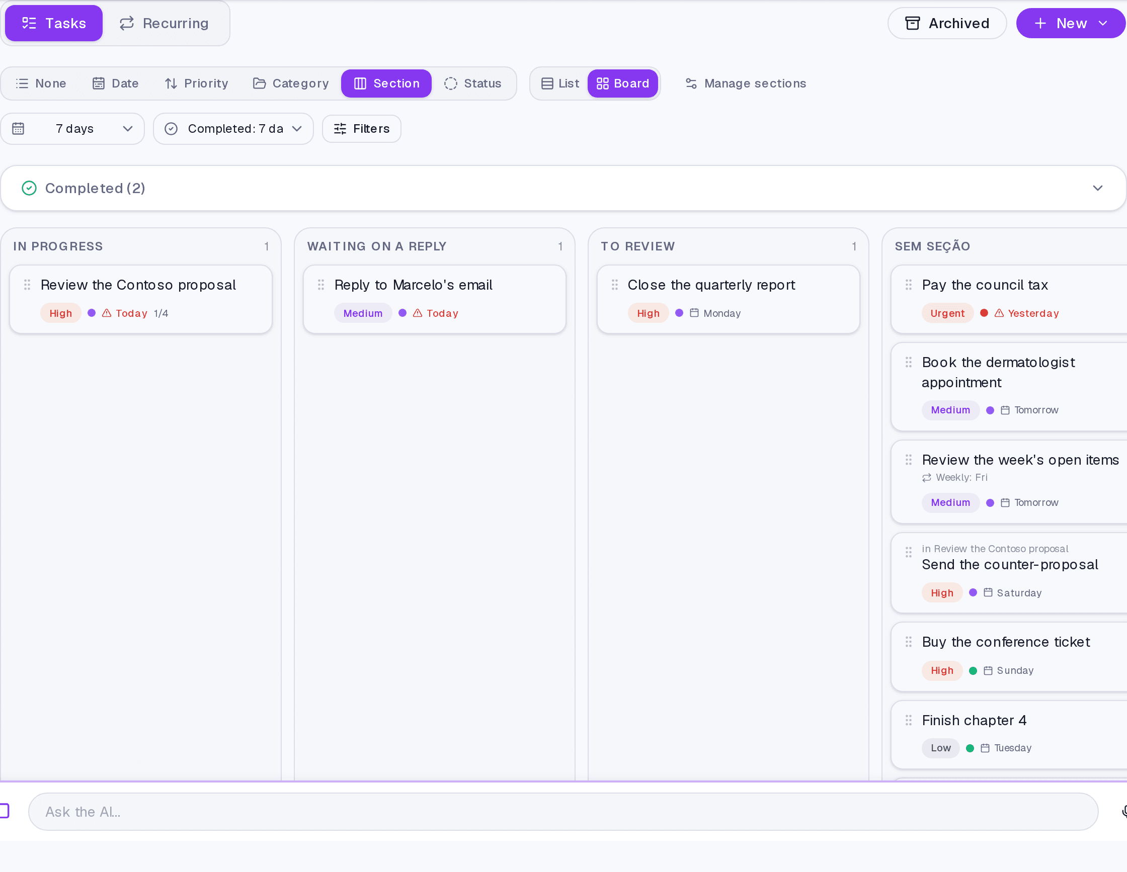 The Tasks filter bar with period, status, priority, category and the grouping switch.
