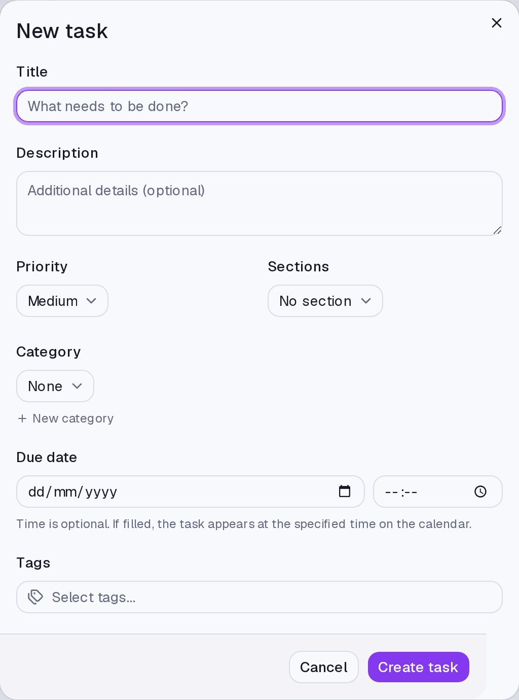 The new task form with title, description, priority, category, date and tags.