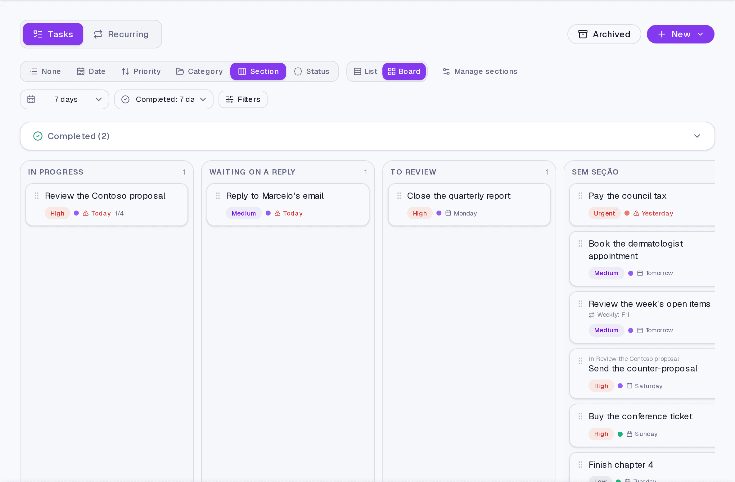 The task board with columns by status and draggable cards.