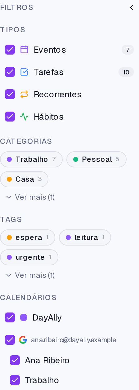 A barra lateral de filtros da Agenda, com tipos, calendários, categorias e tags.
