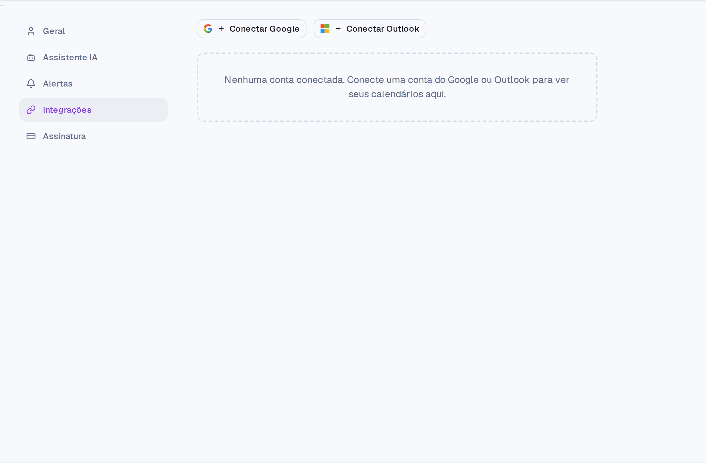 A tela de Integrações com uma conta Google conectada e a lista de calendários dela.