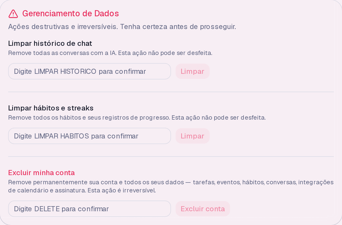 O bloco Excluir minha conta, com o campo de confirmação por digitação.