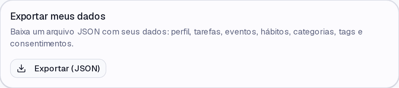 O bloco Exportar meus dados em Configurações, com o botão Exportar (JSON).