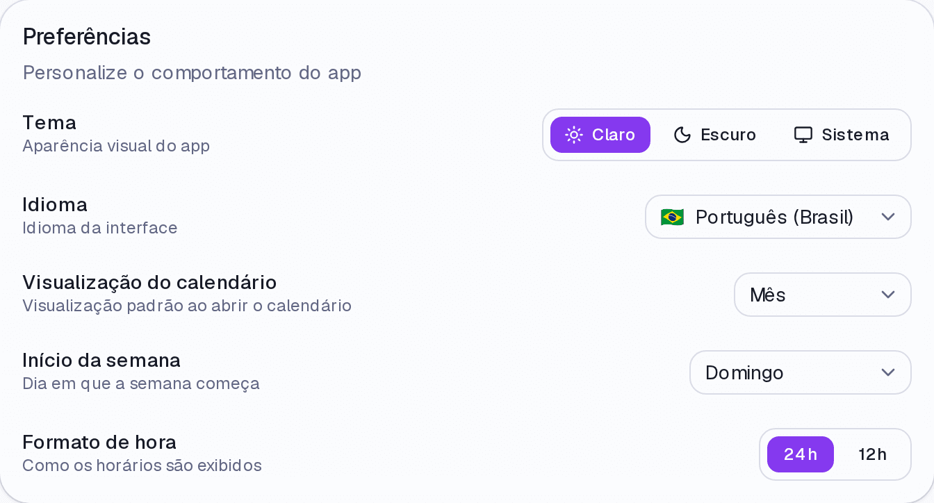 O bloco Preferências em Configurações, com tema, idioma, visualização do calendário, início da semana e formato de hora.