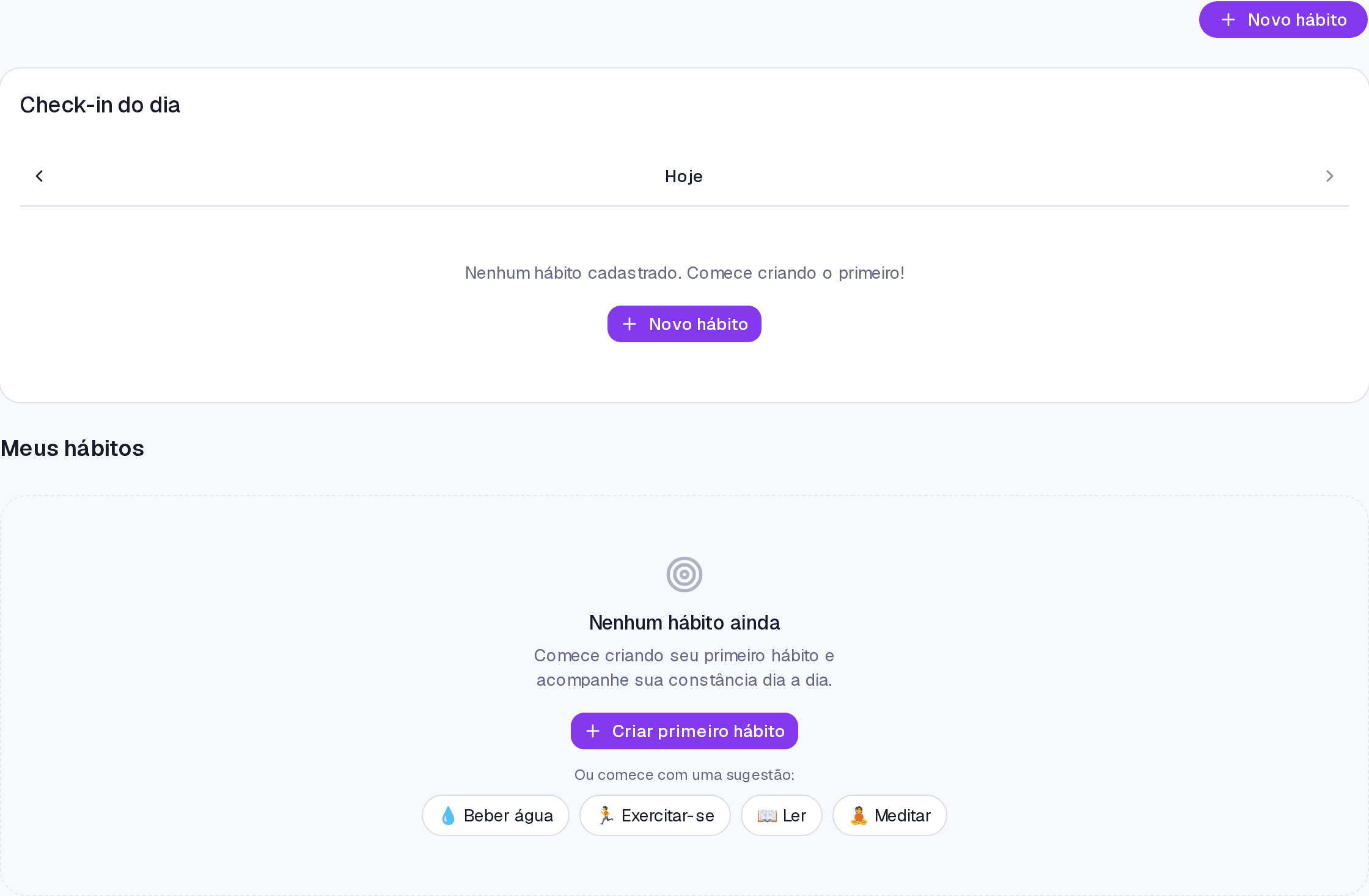 O check-in do dia com os hábitos previstos e a navegação entre dias.