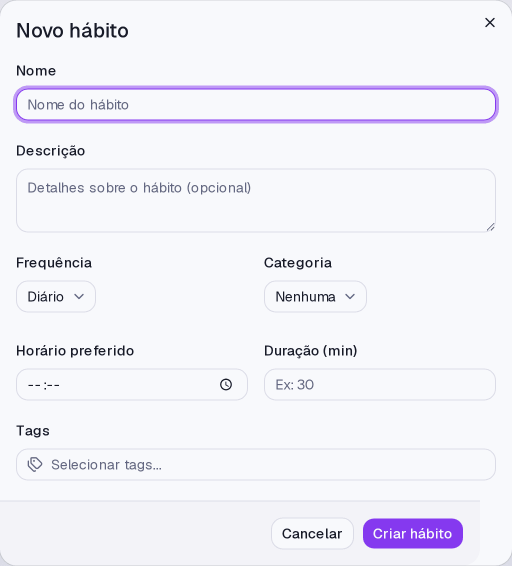 O formulário de novo hábito, com nome, frequência e horário.