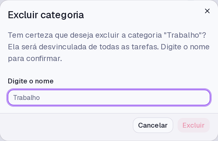 A confirmação de exclusão de categoria, pedindo que o nome seja digitado.