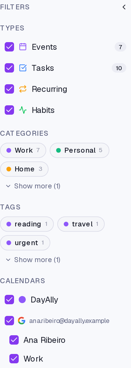 The Calendar filter sidebar, with types, calendars, categories and tags.