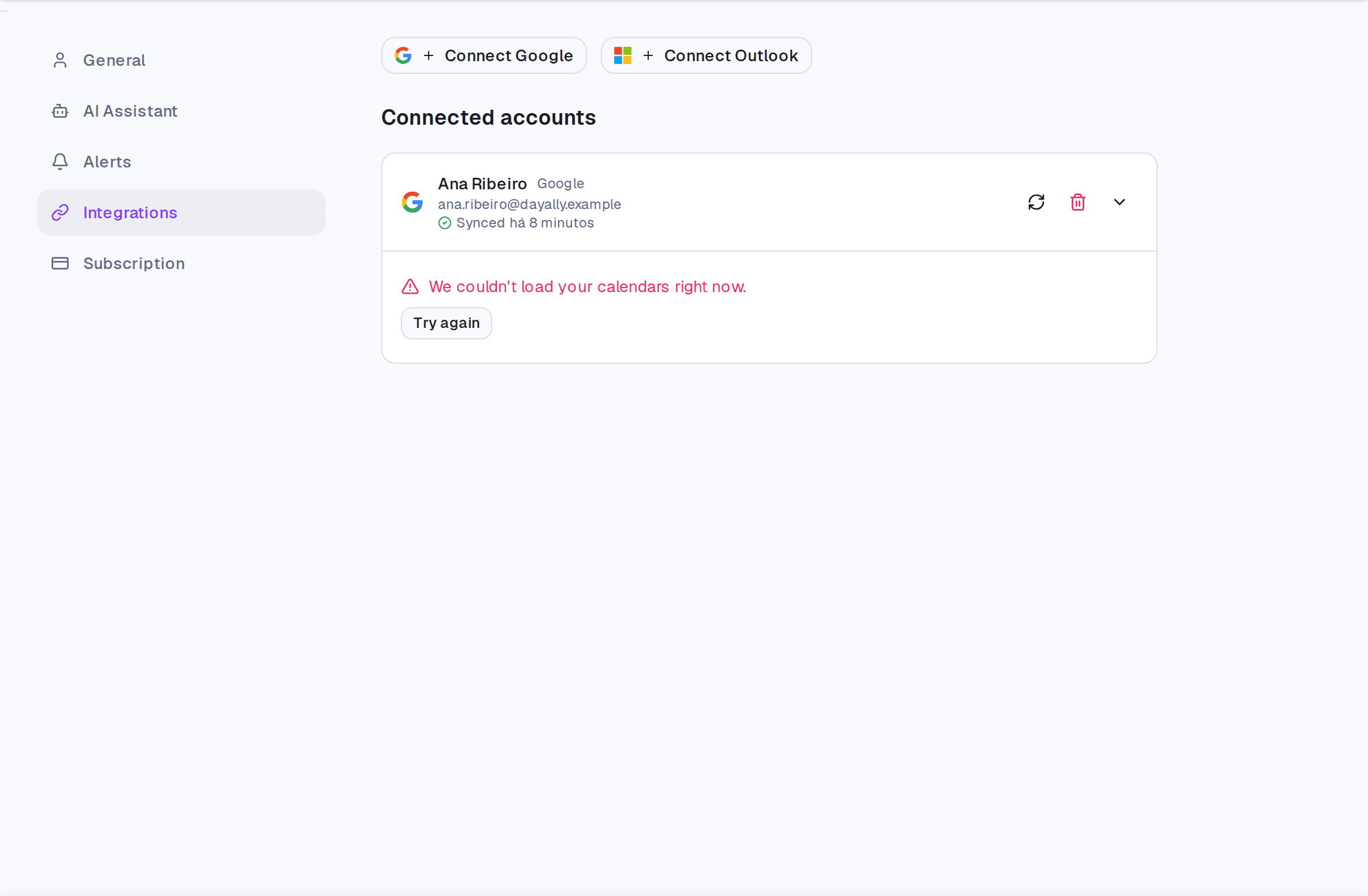 The Integrations screen with a connected Google account and its list of calendars.