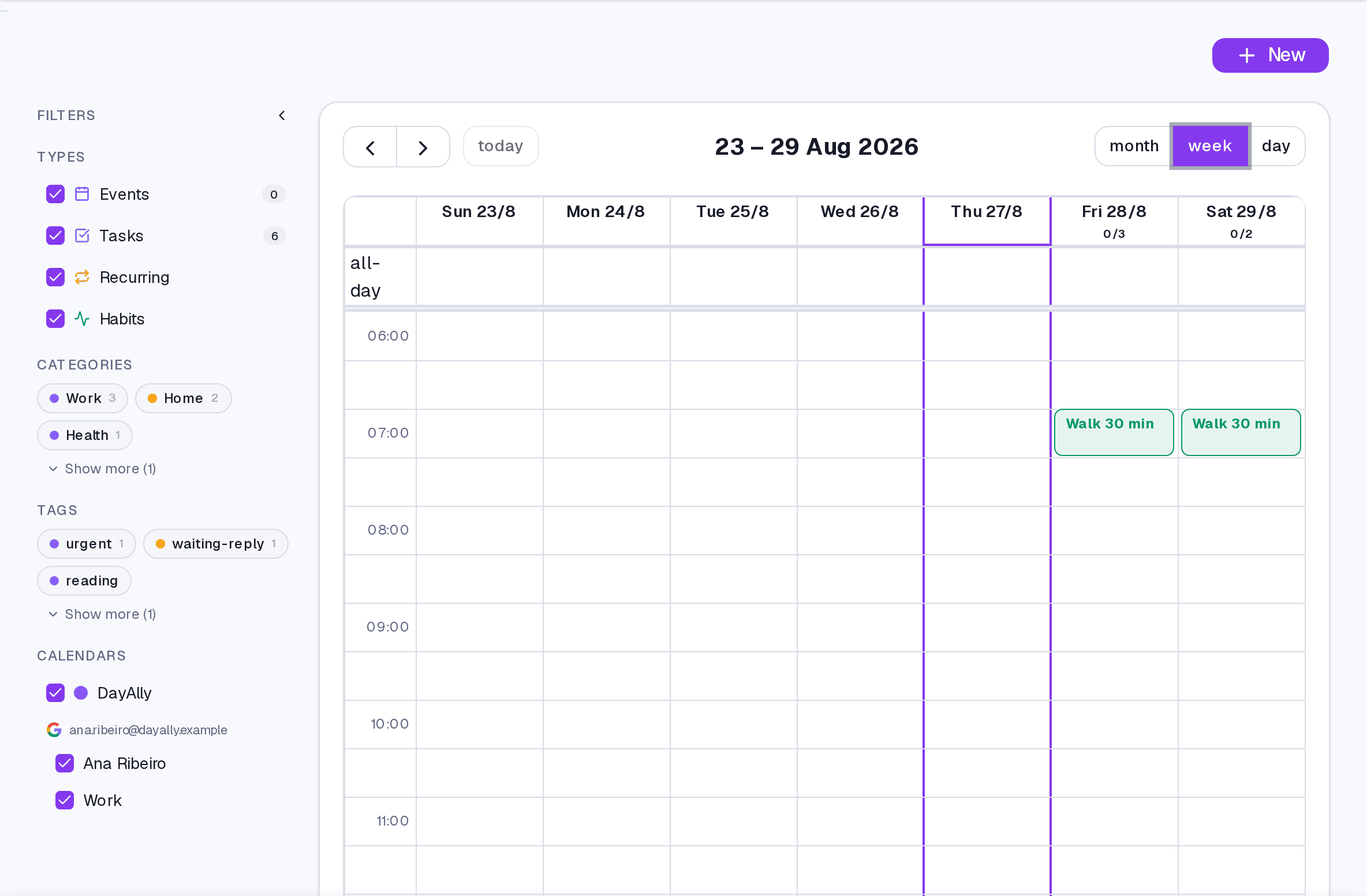 The Calendar in week view, with imported events and timed tasks side by side.