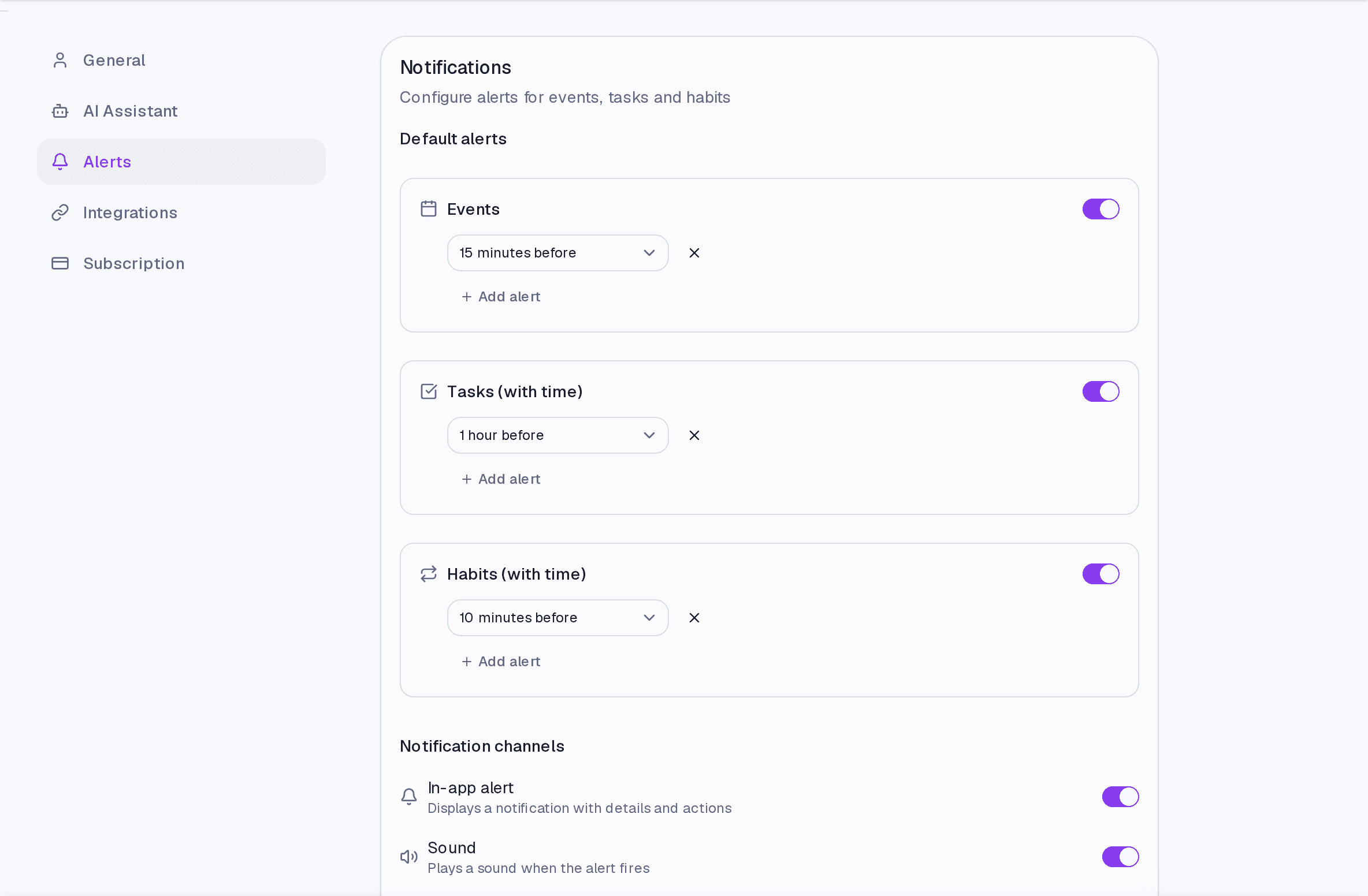 The Alerts screen with default alerts per item type and the notification channels.