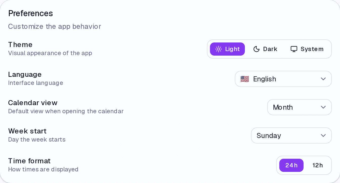 The Preferences block in Settings, with theme, language, calendar view, week start and time format.