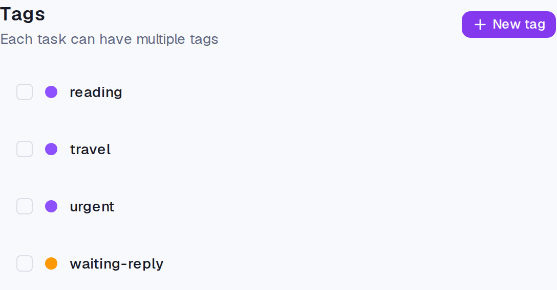 The Tags block on the Categories screen, with several coloured tags and the New tag button.