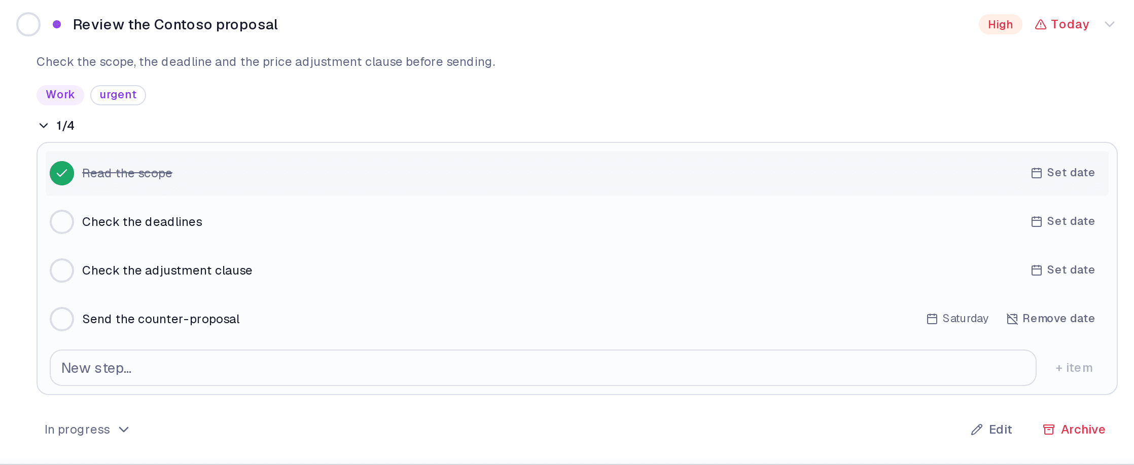 An expanded task showing its steps and, at the end, a subtask that got a date.