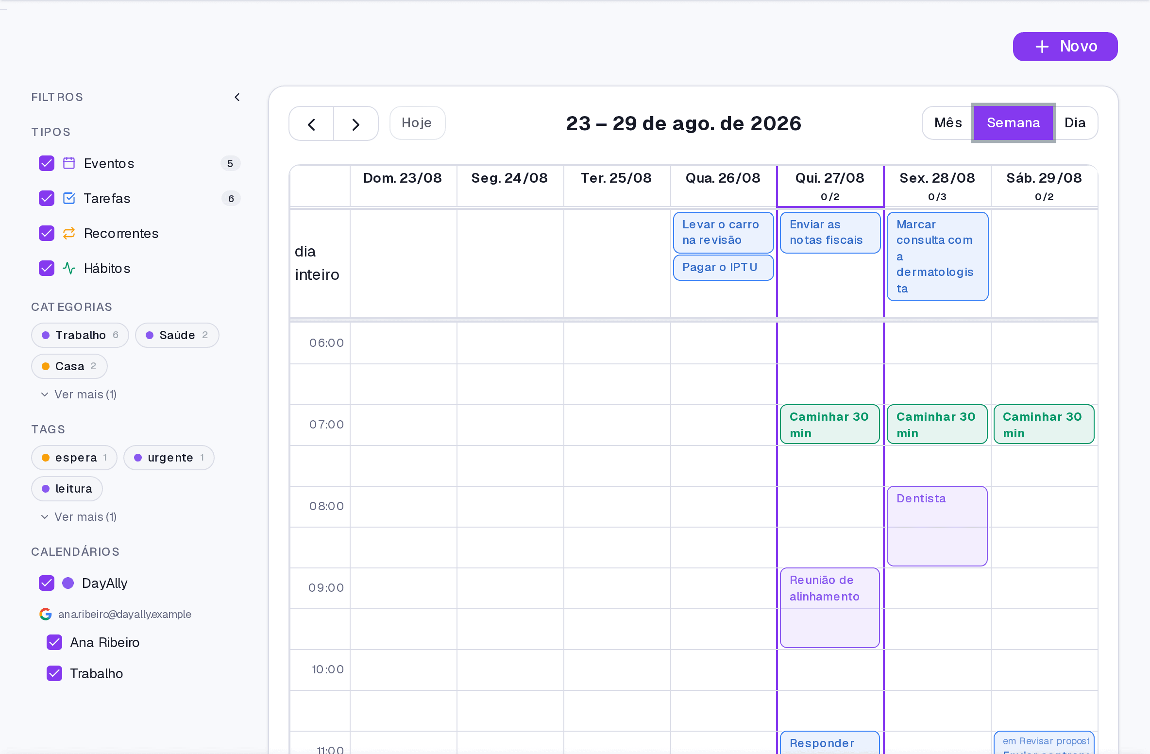A Agenda na visão de semana, com eventos importados e tarefas com horário lado a lado.