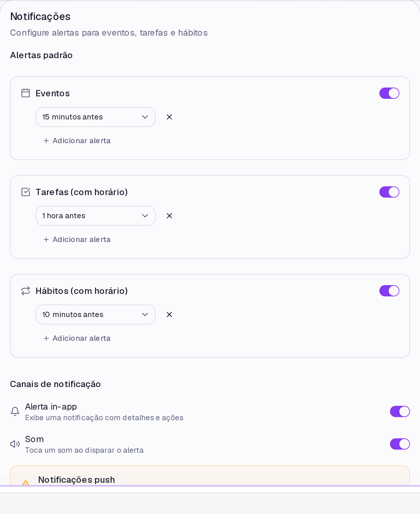 O bloco Canais de notificação com alerta in-app, som e push.