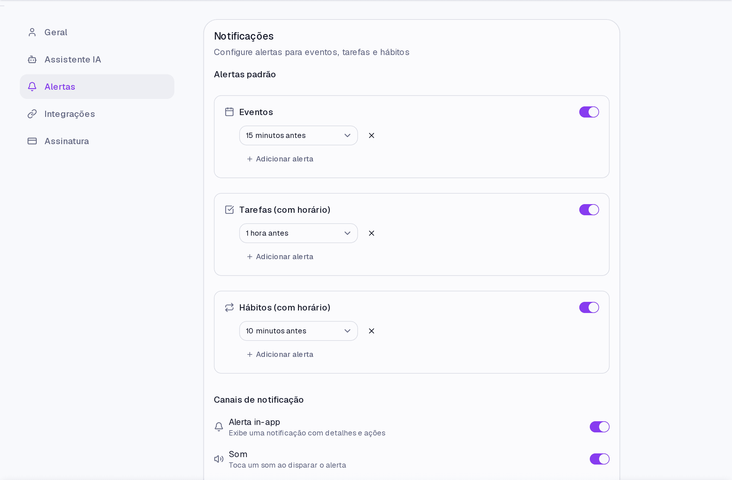 A tela de Alertas com os alertas padrão por tipo de item e os canais de notificação.