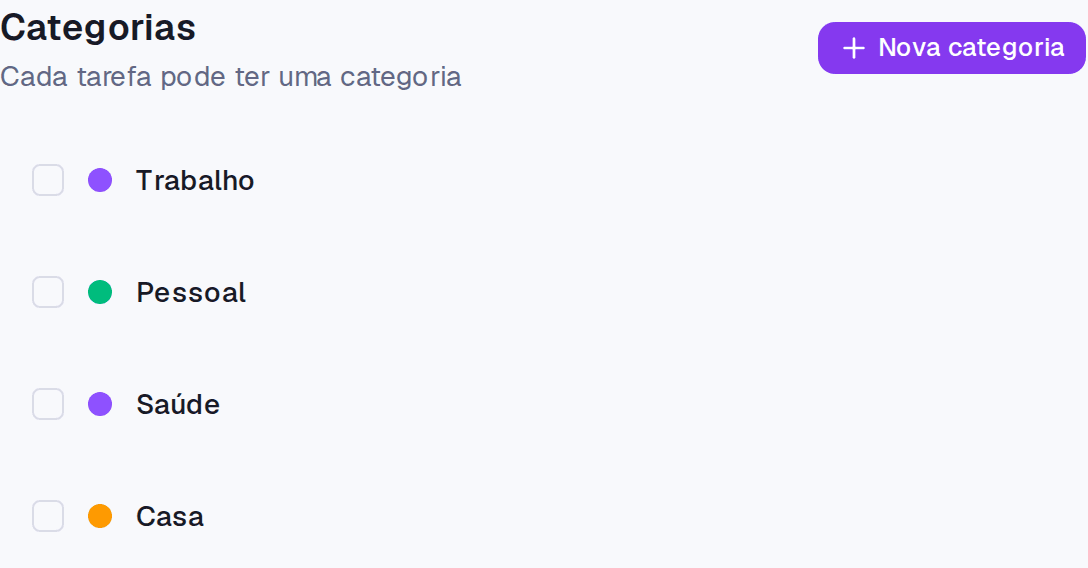 A tela Categorias com a lista de categorias coloridas e o botão Nova categoria.