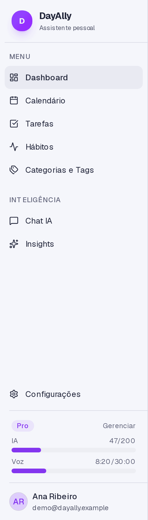 A barra lateral do DayAlly com Painel, Agenda, Tarefas, Hábitos, Categorias, Chat IA, Insights e Configurações.