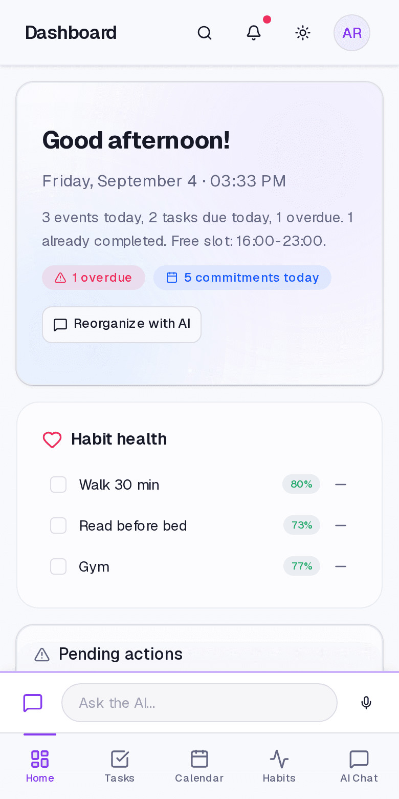 DayAlly dashboard on mobile with the daily briefing
