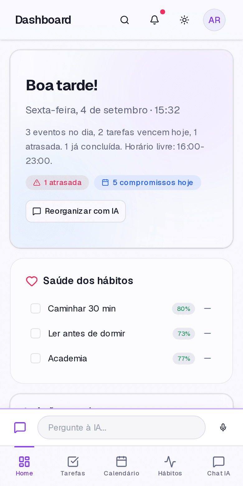 Dashboard do DayAlly no celular com briefing do dia