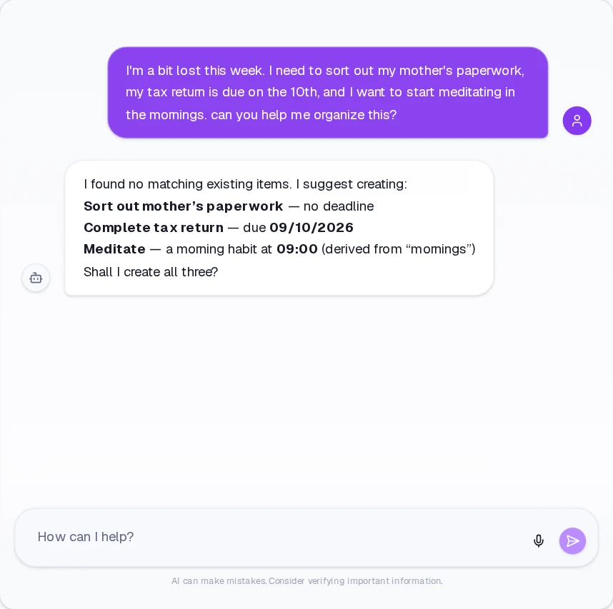A DayAlly conversation: the person lists several loose errands and the AI proposes organizing them into tasks and habits.